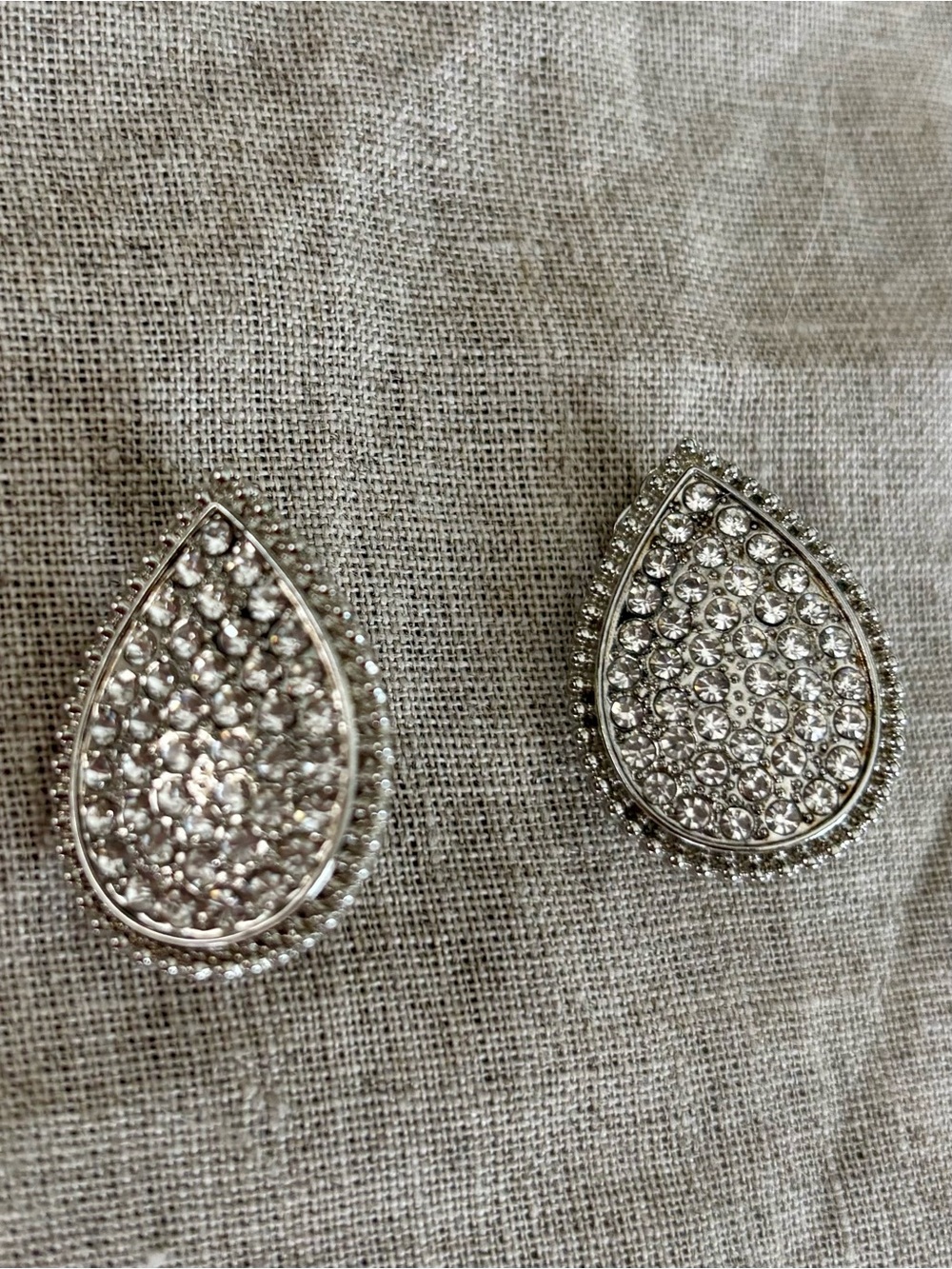 Silver Crystal Teardrop Stud Earrings - Clip-on